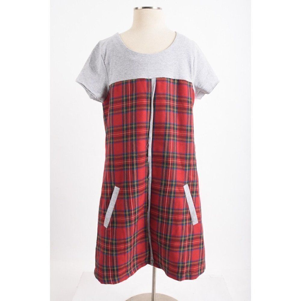 Matou France Girls Dress 12 Yrs 152cm Gray Red Plaid Short Sleeved Knee length